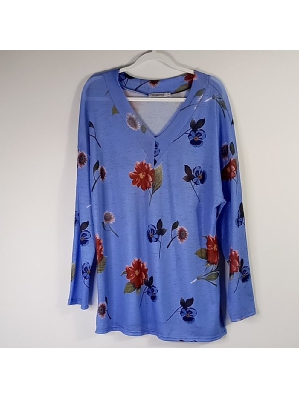 Miss Look Floral Periwinkle V-Neck 3/4 Sleeve Top Size L
